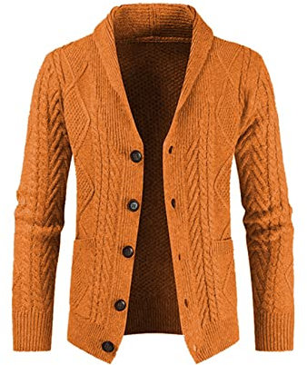 JMIERR Men's Casual Wool Blend Long Sleeve Shawl Collar Buttons Down Cable Knit Cardigan Sweater, D Orange, XL