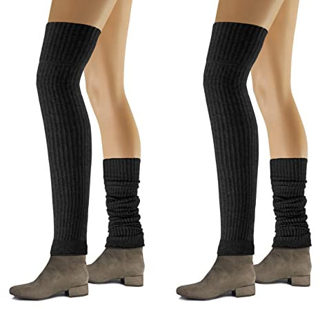 sesto senso Stulpen Damen 2er pack Baumwolle Beinwärmer Overknee Waden Winter Strick Wadenwärmer gestreiftes Muster 2 Schwarz