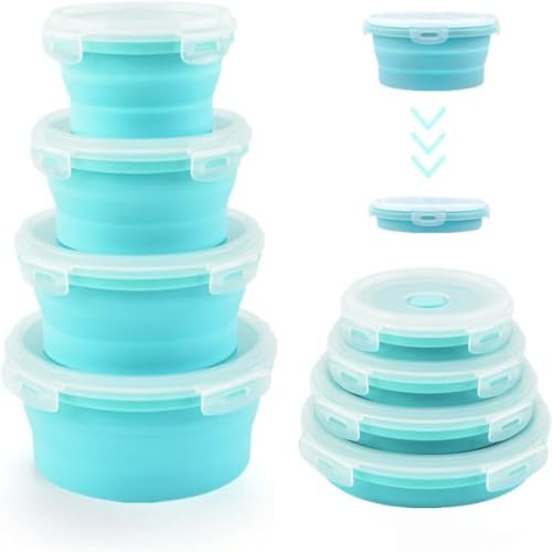 Collapsible Food Containers Bowls Storage Boxes with Lids for Camping Accessories, 4Pcs Round Silicone Lunch Flat Box Stacks Container Set for Rv Kitchen, BPA Free, Microwave & Freezer Safe blue