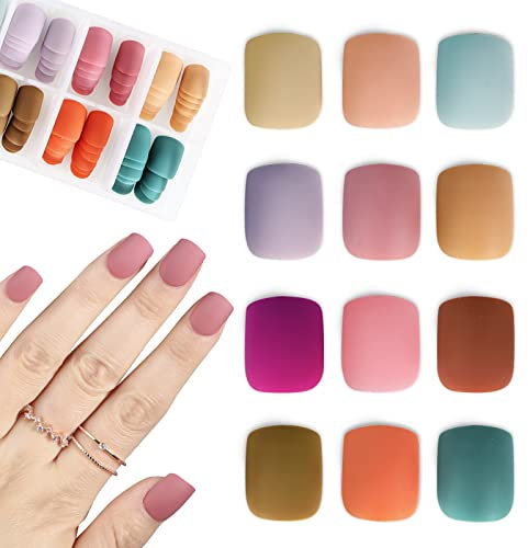 288 Stk Nägel Zum Aufkleben 12 Farben 12 Größen Künstliche Nägel Kunstnägel Press on Nails kurz Falsche Fingernägel Fake Nails Set DIY Maniküre Tips für Gelnägel (Warm-Farbsystem)