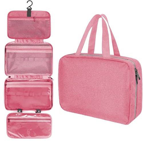 ZiaWorld Travel Toiletry Bag with Hanging Hook, Waterproof Foldable Large Capacity Travel Makeup Bag Organizer, Women & Men Toiletries Bag for Large Full Sized Essential Accessories Cosmetics, Pink