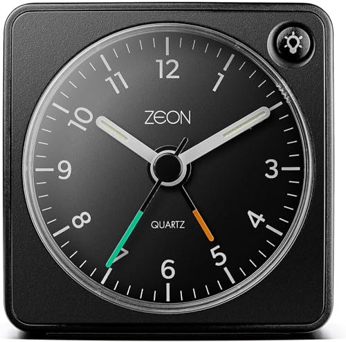ZEON Reise-Analogwecker mit Licht und Schlummerfunktion, geräuschloser, batteriebetriebener Nachttischwecker in Schwarz, CE4549