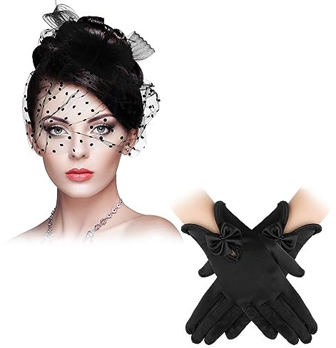 Yolev Fascinator Hut Damen Satin Handschuhe Federschleier Mesh Tea Party Hut Retro Schwarz Opernhandschuhe 20er Damen Bekleidungs Zubehör