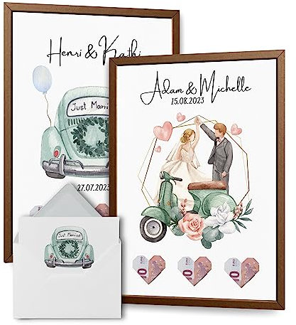 Personalisierbares Geldgeschenk für die Hochzeit – Ein originelles Hochzeitsgeschenk fürs Brautpaar – Din A4 mit Karte und schönem Briefumschlag (Hochzeitsauto/Hochzeitsvespa in Grün)