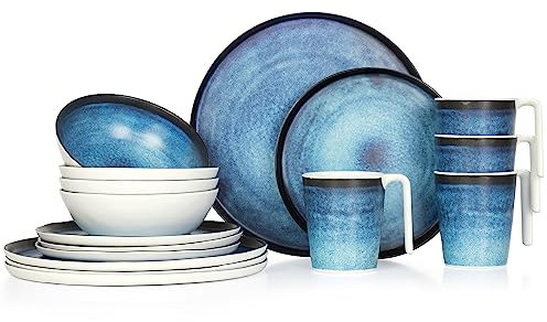Moritz Camping Tafelgeschirr aus Melamin für 4 Personen 16-teilig | spülmaschinenfest | Picknick Geschirrset | Geschirr Campinggeschirr I Deep Ocean Design