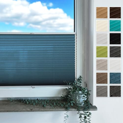 Rollmayer Plissee mit Bohren, Plisseerollo Faltrollo Sichtschutz und Sonnenschutz für Fenster und Tür Premiumqualität Falte für Zuhause, 3 Kollektionen(Vigo Blau,B75cm x H100cm)