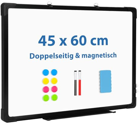 DOLLAR BOSS Magnetisches Whiteboard, 45X60CM Doppelseitiges Whiteboardmagnettafel Magnetpinnwand mit 2 Whiteboard Stifte, 8 Magnete and 1 White board Radiergummi, für Schule & Haus und Büro