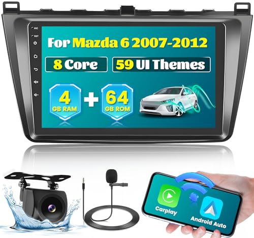 [2025 Upgrade 8 Core 4G+64G] Hikity 9 Android 15 AutoRadio für Mazda 6 2007-2012 Autoradio 2DIN mit CarPlay Android Auto Wireless WiFi GPS BT5.0 59UI 32DSP RDS Mic Rückfahrkamera