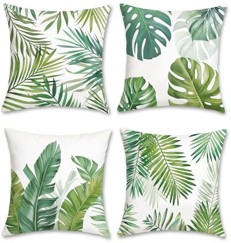 Bonhause 4er Set Kissenbezüge Tropische Blätter 45 x 45 cm Grün Palm Blätter Samt Soft Dekorative Kissenhülle Zierkissenbezüge für Sofa Zuhause Garten Sommer Frühlings Dekoration