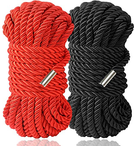 BAVIHOR Silk Rope. Skin Friendly Durable Soft, Multipurpose Long Rope Nylon Satin Braided Twisted Ropes, 32 Feet 8 mm (Red, Black)