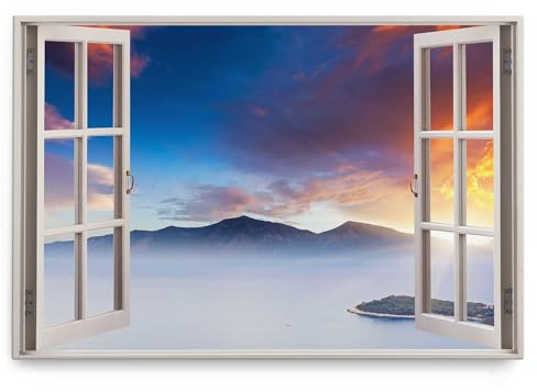 Paul Sinus Wandbild 120x80cm Fensterbild Berge Meer Nebel Sonnenuntergang Abendrot