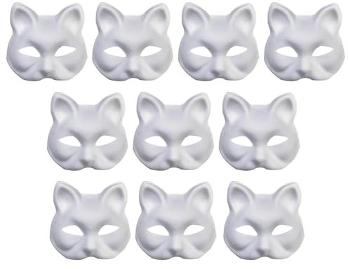 10 Stück Katzen Masken Zum Bemalen, Plastik Tiermasken Damen Zum Selbermachen Weiße Halbmasken Für Maskerade Kinder Persönlichkeit Papiermasken Tier-Cosplay Für Halloween, Tanzparty, Festival