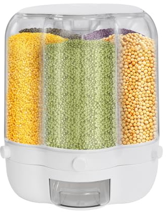 SOLOCJNL Dispensador de arroz, dispensador de alimentos secos giratorio 360°, diseño de embudo, 6 rejillas para arroz y cereales para la cocina del hogar (12,5 kg)
