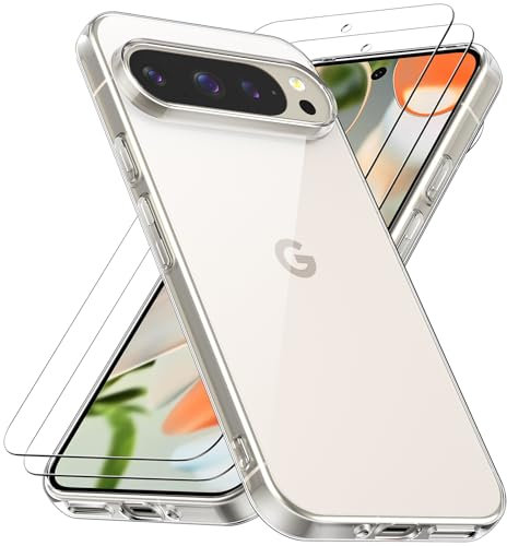 caslord Cover per Google Pixel 9 Pro XL con 2 Pezzi Vetro Temperato, Anti Ingiallimento, Custodia sottile in TPU antiurto per Google Pixel 9 Pro XL (Trasparente)