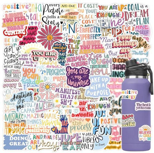 110PCS Water Bottle Stickers - Cute Vinyl Waterproof Cartoon Aesthetic Laptop Decals for Phone, Skateboard, Scrapbook, Luggage, Car - Positive Words for Adults, Teens, Kids, Girls