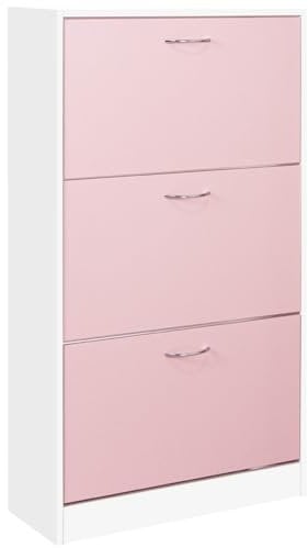 BAKAJI Scarpiera Salvaspazio Slim Portascarpe in Legno Melaminico con 3 Ante a Ribalta e Doppia Profondità Dimensioni 60 x 24 x 120 cm (Rosa e Bianco)