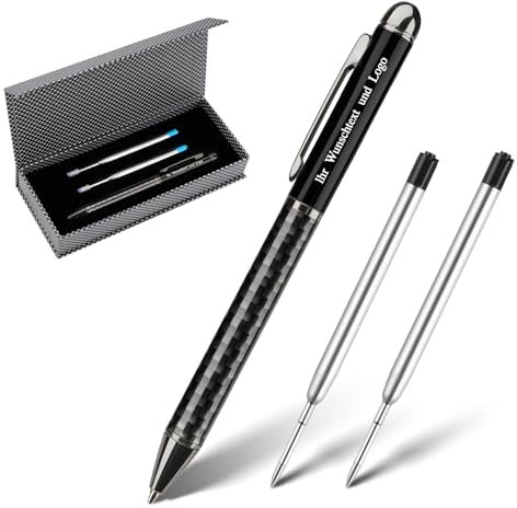 Gravurmaster Kugelschreiber Set - Personalisierter Kugelschreiber mit Gravur Druckkugelschreiber mit Wunschtext & Logo, Schwarz Tinte, mit 2 Ersatzminen, Buchform-Geschenkbox, geeignet als Geschenk