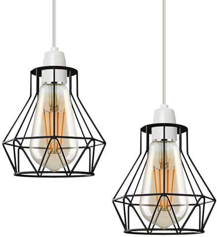 LEDSone Moderne geometrische Diamant-Hängelampe, Deckenleuchte, Lampenschirm aus Metalldrahtkäfig, Lampenschirm für Wohnzimmer, Restaurants[Energieklasse A] (Schwarz) (Black Diamond Käfig 2pk)