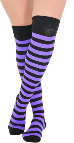 COSHAL® 1 Women's Long Striped Socks Ladies Stripe over the Knee Sock's Girls Womens Over The Knee Stockings Leg Warmer Socks Xmas Party Sock Size 4-6 Black & Purple OTK