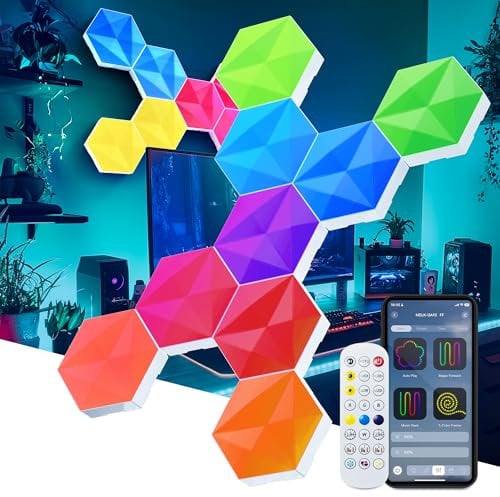 LPDISPLAY 10 Pack Smart Led Hexagon, Hexagon Led Hexagon Light Panels, 55mm Side Length With Rgb-Ic, Color Changing, Music Sync, Time Switch For Indoor Decor, Gaming Room