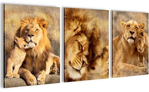 Novart Wandbilder Set Löwen Afrika Tiere - KOMPLETT AUFHÄNGFERTIG - Wohnzimmer Schlafzimmer Flur Deko - 3 Moderne Bilder Beige - N036235a