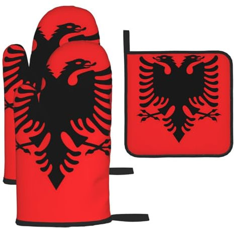 YYHHAOFA Kitchen Baking Set of 3 - Durable Waterproof Oven Mitts and Pot Holder Set for Anti-Scalding and Heat Insulation Albanian Flag Stamp