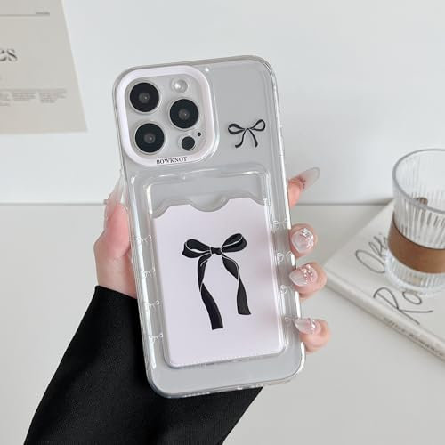 DEFBSC Case for iPhone 15 Pro Max, Transparent Back Card Holder Cute Bowknot Pattern Raised Camera Protection Slim Soft TPU Shockproof Clear Back Card Slot Phone Cover - Black Bow/Frame