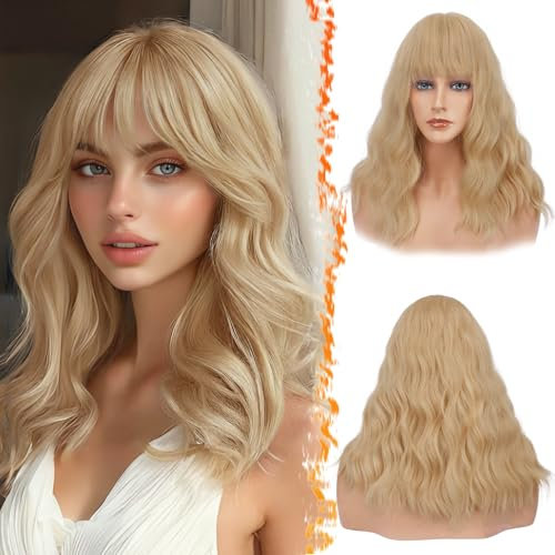 BARSDAR Wellig Mittel Lange Blond Perücke mit Pony, 46cm Lockige Wellig Perücke mit Pony für Frauen Schulterlange Haar Perücke Synthetisches Hitzebeständig Perücke Cosplay Party - Erdbeer Blond