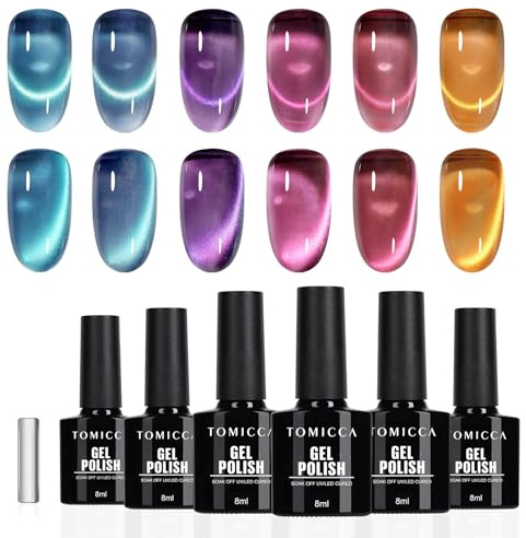 TOMICCA 6 Couleurs Cat Eye Gel Nail Polish Violet Bleu Profond Verre Cristal Pailleté Vernis Semi Permanent Magnétique Soak Off UV/LED Pour Nail Studio & DIY Home, 8ml