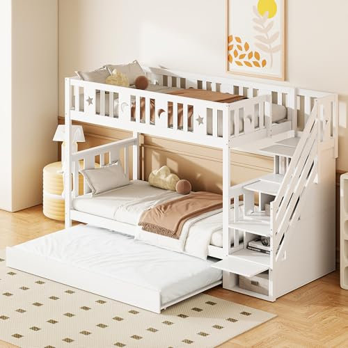 Etagenbett 90x200 mit Stauraumtreppe und Ausziehbett, Kinderbett Hochbett mit Rausfallschutz und Lattenrost, Funktionsbett Stockbett Stauraumbett Kinderhochbett Jugendhochbett fur 2 Kinder, Weiß