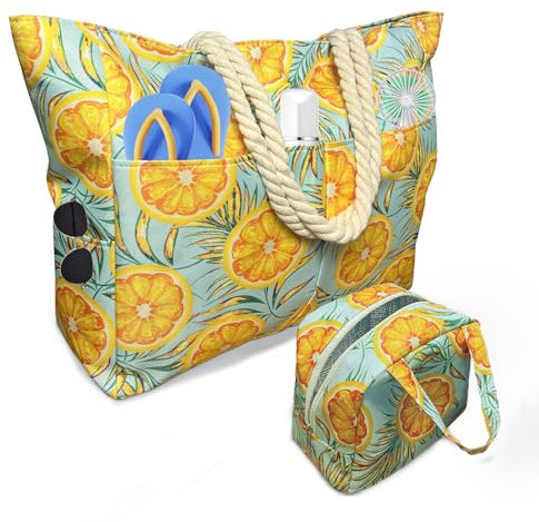 Badetasche Groß mit 7 Taschen 1 Kühltasche, 50L Orange Strandtasche xxl Familie mit Reißverschluss,Schwimmbad Tasche, Faltbar, Sanddicht, Schwimmtasche Damen für Shopping Strandurlaub Picknick