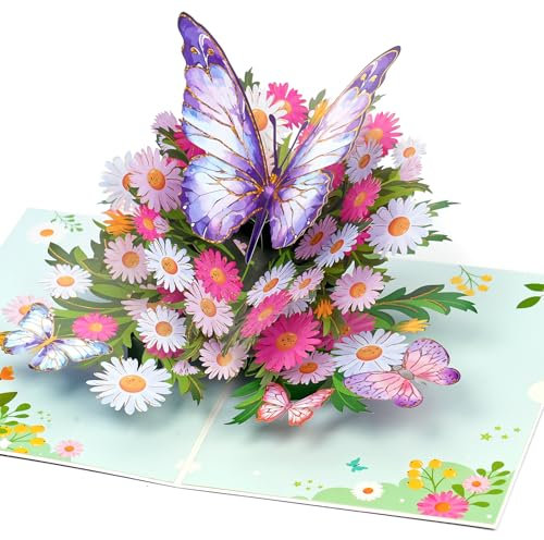 OFFCUP Tarjeta de Felicitación 3D, Tarjeta Pop-Up, Tarjeta de Regalo Emergente, Adecuado para Cumpleaños, Aniversarios, Graduaciones, Bodas, Jubilaciones (Daisy con Mariposa)