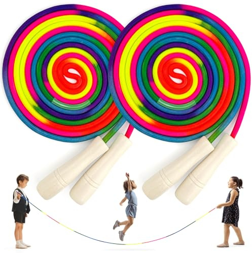 LeapBeast Saut Corde Groupes, 5M Corde à Sauter Longue, Poignée en Bois Antidérapantes Corde de Coton Colorée Jump Rope Corde à Sauter Longueur Réglable pour Enfants