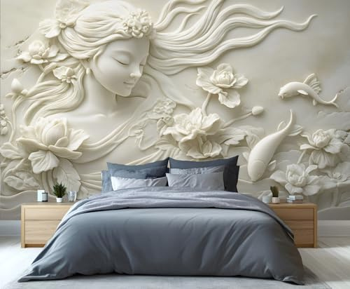 GIVLWF Floral Girl Tapete, 3D-Reliefblumen, abziehen und aufkleben, Tapete für Schlafzimmer, abstrakte beige Tapete für Wohnzimmer, helle Luxus-Wandbild, Schönheit, großes Wandbild und Raumdekoration