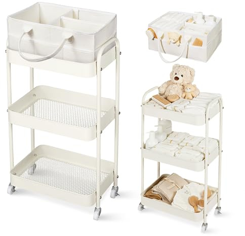 Fortella Wickeltisch Organizer Tragbar mit Rollwagen, Baby Essentials-Beige | für Baby Erstausstattung Neugeborene, Wickeltasche Organizer Newborn, Servierwagen mit Rollen, Küchenregal Kleines Regal