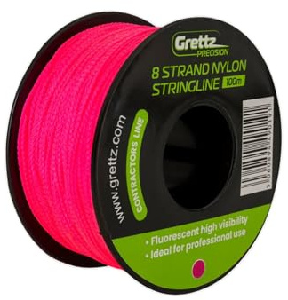 Grettz 100m Pink Stringline with Weatherproof Anti-Tangle Reel – High Visibility Builders Line for Bricklaying, Landscaping, Groundworks & Construction