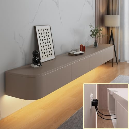 XDXINY TV-Medienkonsole, schwimmender TV-Schrank, Wandmontage, TV-Schrank, mehrere große Aufbewahrungsmöglichkeiten, TV-Bank unter dem TV-Lowboard mit Schubladen (Khaki + LED, 200 * 20 * 24cm)