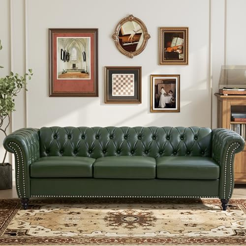 LEVNARY Chesterfield Sofa, 3 Seater Tufted Couch for Living Room, Classic Button Tufted Upholstered Sofa, Modern Mid-Century PU Leather Sofa (Green)