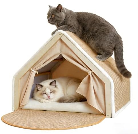 Maison pour Chat 2 en 1 avec Griffoir en Sisal | Tente pour Chat d’Intérieur avec Coussin Doux, Niche Pliable en Bois, Lit pour Chat Spacieux pour 2 Chats