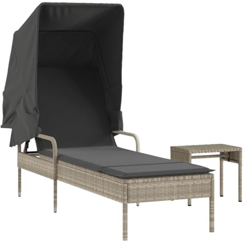 HFXHIJXQ Sonnenliege mit Dach und Tisch Hellgrau Poly Rattan Gartenliege wetterfest 62x200x130 cm verstellbare Rückenlehne 4 Stufen für Balkon Terrasse Camping Outdoor Lounge