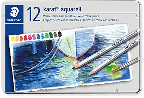 STAEDTLER aquarell Buntstifte karat aquarell, wasservermalbare, weiche und farbintensive Mine, für unterschiedliche Trocken- und Nasstechniken, 12 Aquarellstifte im Metalletui, 125 M12