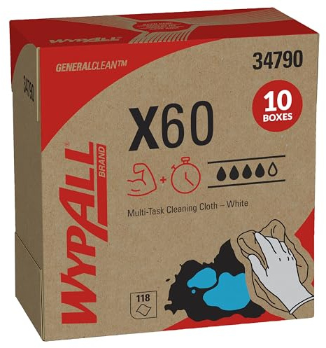WypAll Wischtücher, X60, Industrielle Reinigungstücher, Hydroknit-Technologie, 1-lagig, 10 Zupfboxen x 118 Tücher, Weiß, 34790