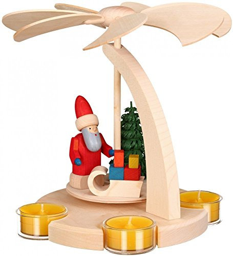 Seiffener Volkskunst | Weihnachtspyramide Teelicht Bogenpyramide | 18 cm Pyramide | Moderne Volkskunst aus dem Erzgebirge | 16251 | Weihnachtsmann mit Schlitten
