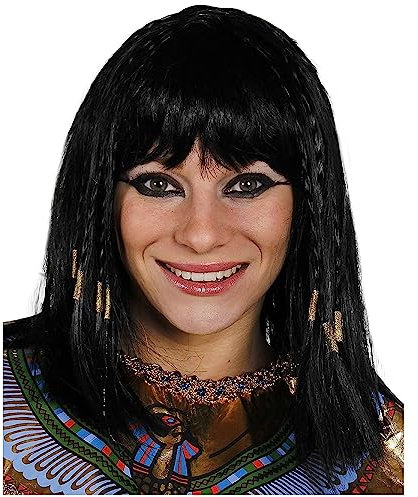 ILOVEFANCYDRESS Ägyptische Perücke, Kleopatra, für Damen, Kostüm, Accessoire, Königin des Niers, Schwarze Perücke mit Plätzen vorne und dicken Fransen