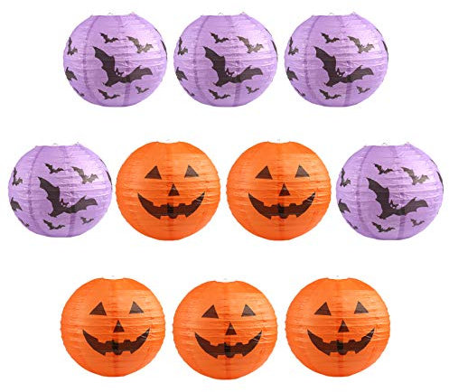 Kesote 10x Lampions Halloween Laterne Papier Kürbis Papierlaterne Hängedeko Halloween Party Dekoration (10 Zoll, Kürbis und Fledermaus)