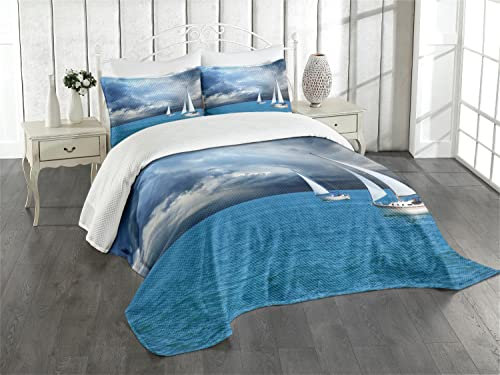 ABAKUHAUS Segelboot Tagesdecke Set, Segeln Nach Gewitterwolken, Set mit Kissenbezug farbfester Digitaldruck, für Einzelbetten 170 x 220 cm, Blau grau Weiß Blau