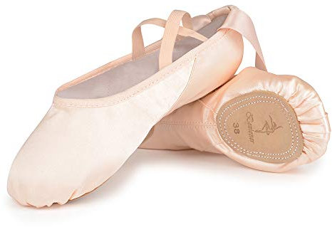 Ballettschuhe Rosa Ballettschläppchen Tanzschuhe aus Satin mit Band Geteilte Ledersohle für Kinder und Erwachsene 35 EU