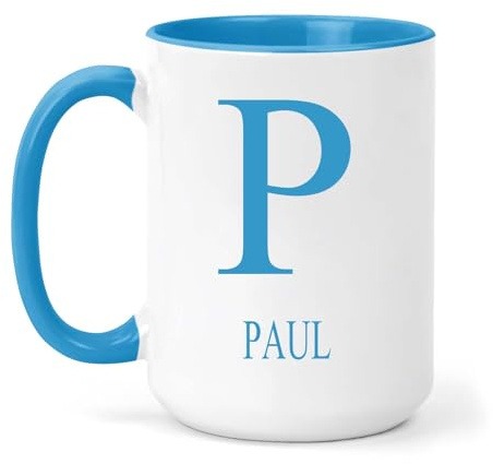 grabmybits Paul Personalized Initial Mug - Custom Name Ceramic Cup for Tea or Coffee Gift - Blue
