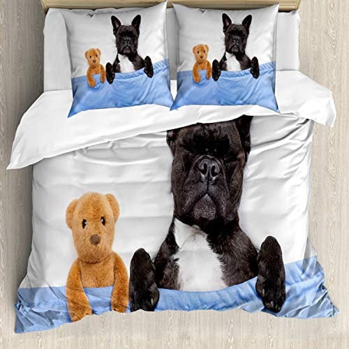 ABAKUHAUS Tier Bettbezugs Set Für Doppelbetten, Französisch Bulldog mit Bär, Milbensicher Allergiker geeignet mit Kissenbezügen, Weiß Blau Schwarz