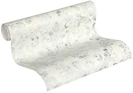 A.S. Création Vliestapete Neue Bude 2.0 Edition 2 Tapete Used Glam mit Ornamenten barock 10,05 m x 0,53 m weiß grau metallic Made in Germany 374134 37413-4